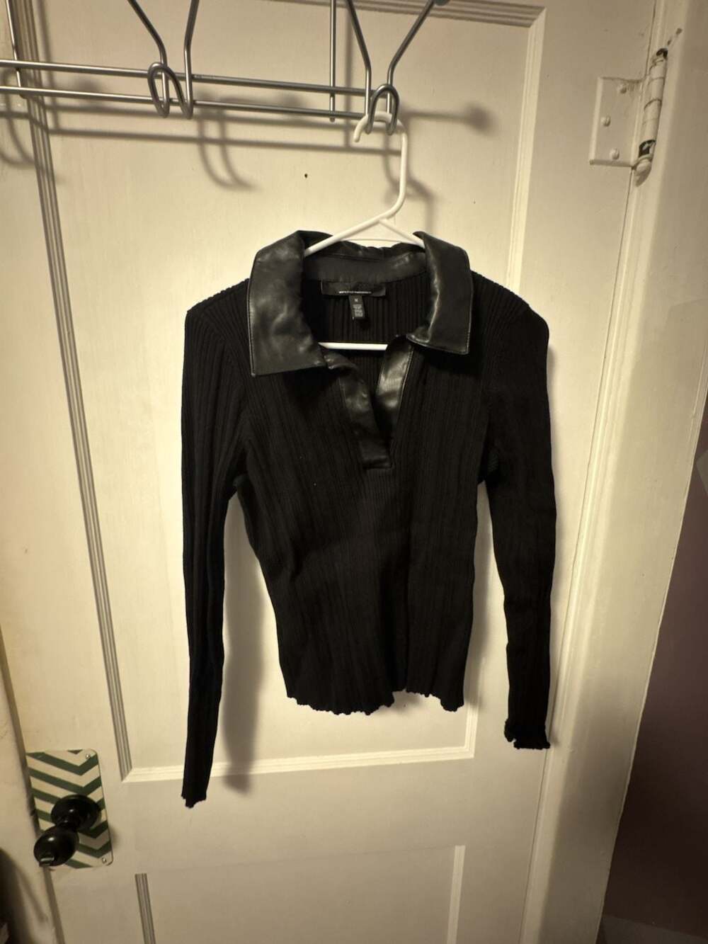 White House Black Market Faux Leather Collar Ribbed Pullover Sweater Black M